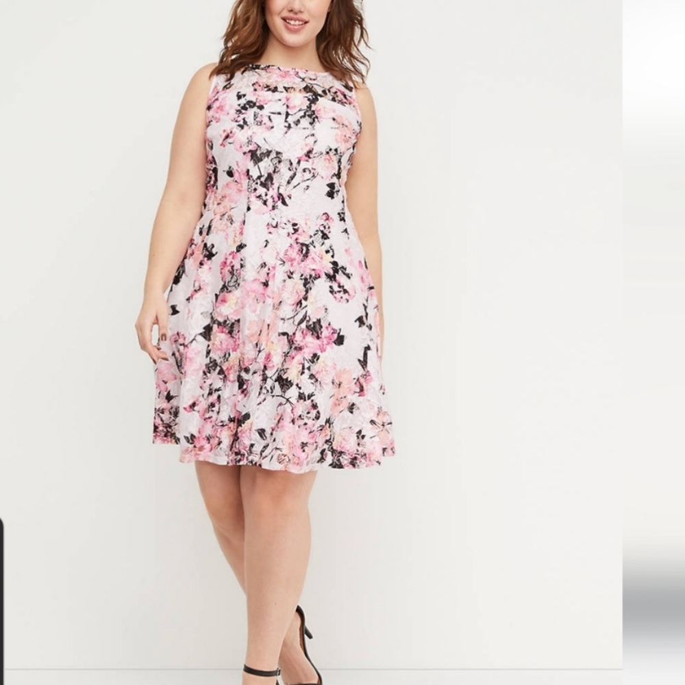 Lane Bryant Dress lace fit and flare, size 26/28, pink floral